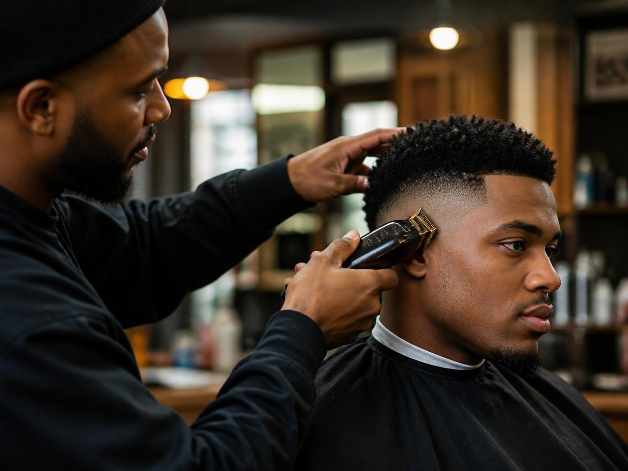 Barber using clippers to fade a client's hair