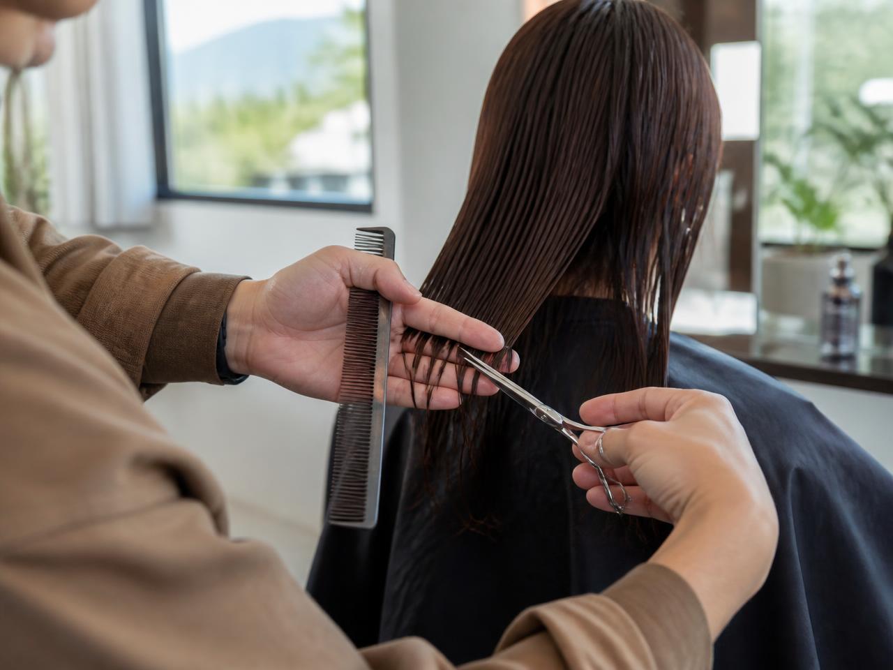 Stylist cutting a client's hair with scissors and comb