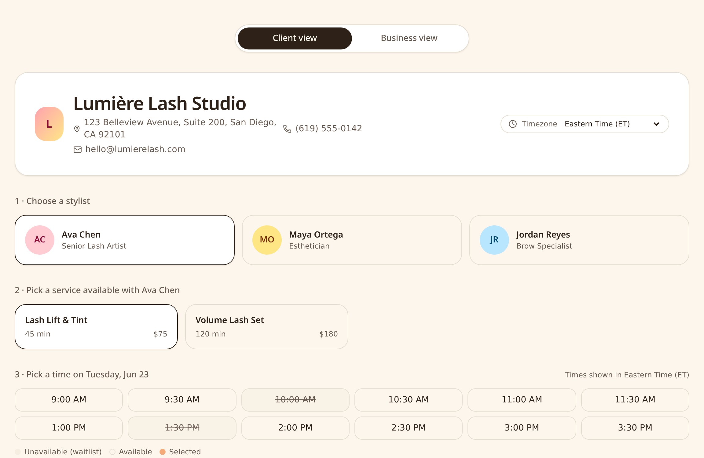 Client booking page preview